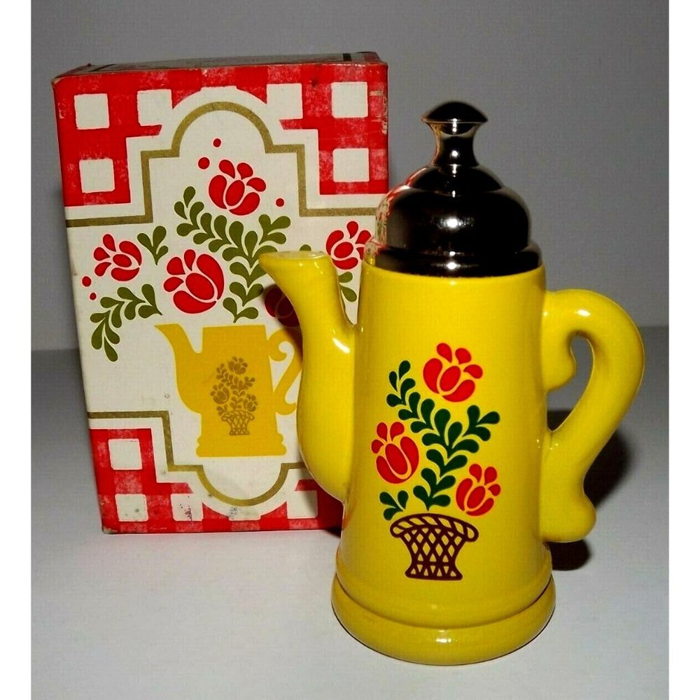 NIB Retro Vintage 1971 Yellow Avon Coffee Klatch Floral Teapot Bath Oil Bottle